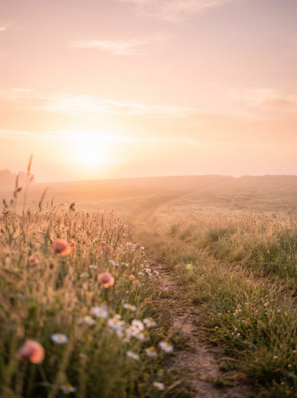 Sonnenaufgang über einem Weg durch eine Wiese – Symbol für einen neuen Anfang